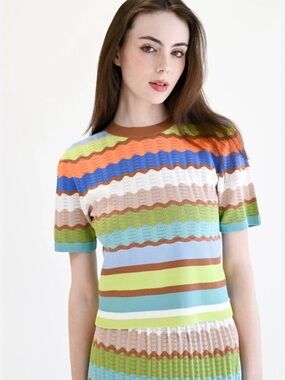 Never A Wallflower Eyelet Crochet Short Sleeve Sweater XS Stripe Knit Top